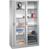 Stahlwerkzeugschrank mit Sichtfenster und Schiebetüren, gefüllt mit Arbeitsmaterialien.