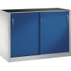 Stahl-Werkzeugschrank mit zwei Schiebetüren in enzianblau und grauer Oberseite.