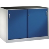 Werkzeugschrank mit zwei blauen Schiebetüren und ergonomischen Griffen aus Stahl.