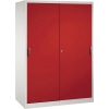 Roter Stahl-Schiebetürenschrank mit zwei Türen und ergonomischen Griffen.