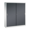 Schiebetürenschrank in lichtgrau und schwarzgrau mit zwei Türen und ergonomischen Griffen.