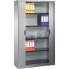C+P Rollladenschrank in Weißaluminium mit mehreren Regalböden und Rollladentür.