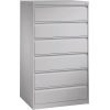 Karteischrank Acurado in Weißaluminium mit fünf Schubladen und zentralem Verschluss.