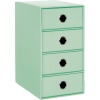 Mintfarbene Schubladenbox mit vier Schubladen und runden Griffen.