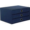 Dunkelblaue Schubladenbox mit drei Schubladen und runden Griffen.