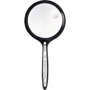 Vergrößerungsglas mit rundem Glas und schwarzem Griff, zeigt zwei Vergrößerungen von 2,5x und 5x.