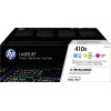 HP Toner 410X in Cyan, Magenta und Gelb im Tri-Pack, Vorderansicht der Verpackung.