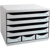 Schubladenbox mit fünf schmalen Schubladen in lichtgrau, ideal für Büro-Utensilien.