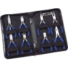 Zangen-Set mit acht verschiedenen Zangen in einer schwarzen Tasche mit blauen Griffelementen.