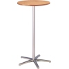 Hochformatiger Stehtisch mit runder Holzplatte und silbernem Metallgestell.