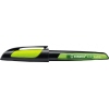 Schwarzer Füllfederhalter mit limettengrünen Akzenten und Sichtfenster für Tintenstand.