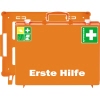 Orangefarbener Erste-Hilfe-Koffer mit weißem Schriftzug und Symbolen auf der Vorderseite.