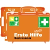 Oranger Erste Hilfe Koffer mit Beschriftung und Piktogrammen für Gastronomie.