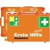 Oranger Erste-Hilfe-Koffer mit Tragegriff und Beschriftung für Handwerk und Erste-Hilfe-Symbole.