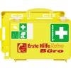 Gelber Erste Hilfe Koffer mit Aufschrift "Erste Hilfe Extra Büro" und symbolischen Darstellungen.