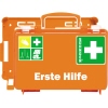 Oranger Erste-Hilfe-Koffer mit weißem Schriftzug und Symbolen zur Nutzung und Inhaltshinweisen.