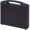 Schwarzer Moderationskoffer mit blauen Verschlüssen, geschlossen und seitlich abgebildet.