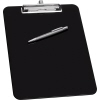 Schwarzes Klemmbrett mit Metallklemme und Stifthalterung, Stift ist nicht enthalten.