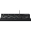 Schwarze Logitech-Tastatur K280e mit flachen Tasten und integriertem Kabel.