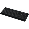 Schwarze Logitech Tastatur K280e mit flachen, geräuschlosen Tasten und Handballenauflage.
