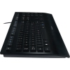 Schwarze Logitech Tastatur K280e mit flachen Tasten und Handballenauflage in seitlicher Ansicht.