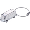 Schlüsselanhänger in Form eines VW T1 Bulli mit silberner Oberfläche und Lichtfunktion.