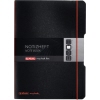 Schwarzes Notizheft mit rotem Gummiverschluss und Label, im DIN A4 Format.