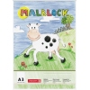 Malblock DIN A3 mit bunter Zeichnung einer Kuh auf einer Wiese und der Aufschrift 'MALBLOCK'.