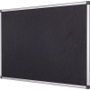Schwarze Pinnwand mit Aluminiumrahmen und Kunststoff-Ecken, montagebereit für die Wand.