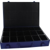 Blauer Sortimentskasten mit Schaumstoffpolster und mehreren Fächern im offenen Zustand.