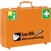 Oranger Erste-Hilfe-Koffer mit dem Schriftzug "Erste Hilfe Spezial Verwaltung" und Symbolen.