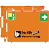 Oranger Erste-Hilfe-Koffer mit dem Schriftzug "Erste Hilfe Spezial Verwaltung" und Symbolen.