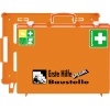 Oranger Erste-Hilfe-Koffer mit Aufschrift "Erste Hilfe Spezial Baustelle" und Symbolen.