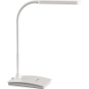 Weiße Tischleuchte mit flexiblem Arm und Touchfeld-Bedienung auf einem stabilen Fuß.
