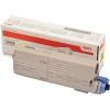 Gelber OKI Toner 46490605 in Verpackung, seitliche Sicht auf die Kartusche.