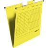 Hängemappe in Gelb mit Tabellen für Datenorganisation, offene Oberseite und Clip.