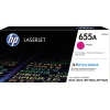 HP Toner 655A magenta in Verpackung mit farbigem Aufdruck und 'JetIntelligence'-Logo.