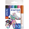 Sechserpack bunt gefüllter Pigmentmarker in Schachtel mit verschiedenen Designs und Farben.