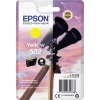 Gelbe Epson Tintenpatrone 502 in Verpackung mit Abbildung von Fernrohren im Hintergrund.