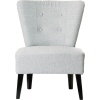 Grauer Sessel mit Knopfdetails und schwarz lackierten Beinen im Vintage-Stil.