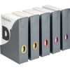 Stehsammler in Grauton mit farbigen Grifflöchern, gefüllt mit Zeitschriften und Katalogen.