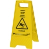 Gelbes Warnschild mit Piktogramm und mehrsprachigem Text zur Rutschgefahr, klappbar und mobil.