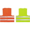 Orange Warnweste mit reflektierenden Streifen, daneben eine gelbe Weste ohne Beschriftung.
