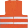 Orangefarbene Warnweste mit zwei reflektierenden Streifen, geeignet für schlechte Sicht.