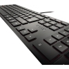Schwarze CHERRY Tastatur KC 6000 SLIM mit Scherenmechanik und Status-LEDs, in schräger Ansicht.