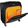 Schwarzer Notebooktrolley mit offener Tasche, orangefarbener Innenseite und stabilen Rollen.