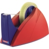 Roter und blauer Tischabroller mit transparentem Klebeband, geeignet für Büro und Haushalt.
