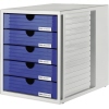 Schubladenbox mit fünf blauen Schüben in lichtgrauem Gehäuse für Büroorganisation.
