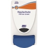 Hautschutzspender mit blauem Ausgabemechanismus und beschrifteter Vorderseite.