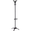 Schwarzer Garderobenständer mit Kunststoffhaken und Schirmhalter für bis zu vier Schirme.